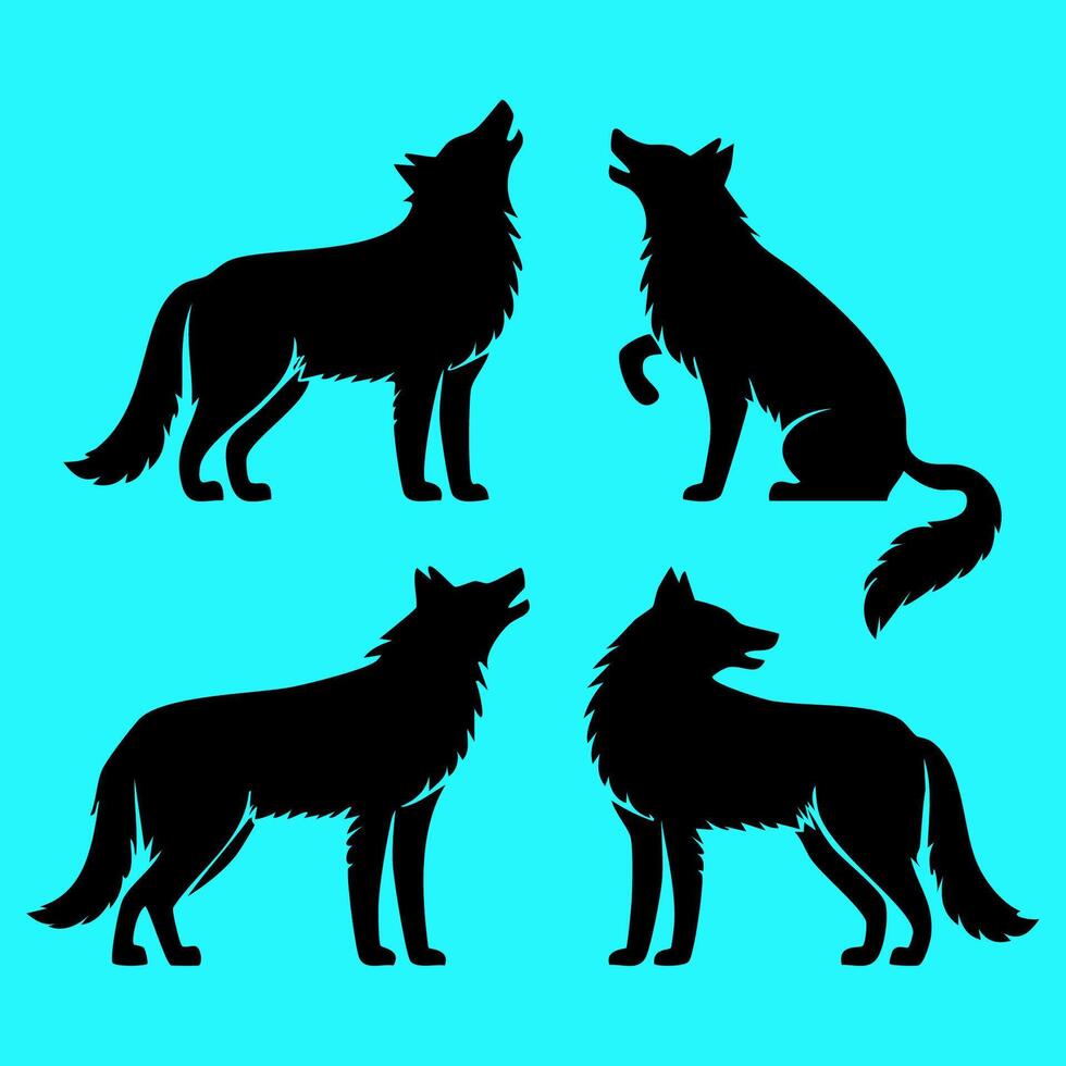 Four black silhouettes of wolfs on blue background vector