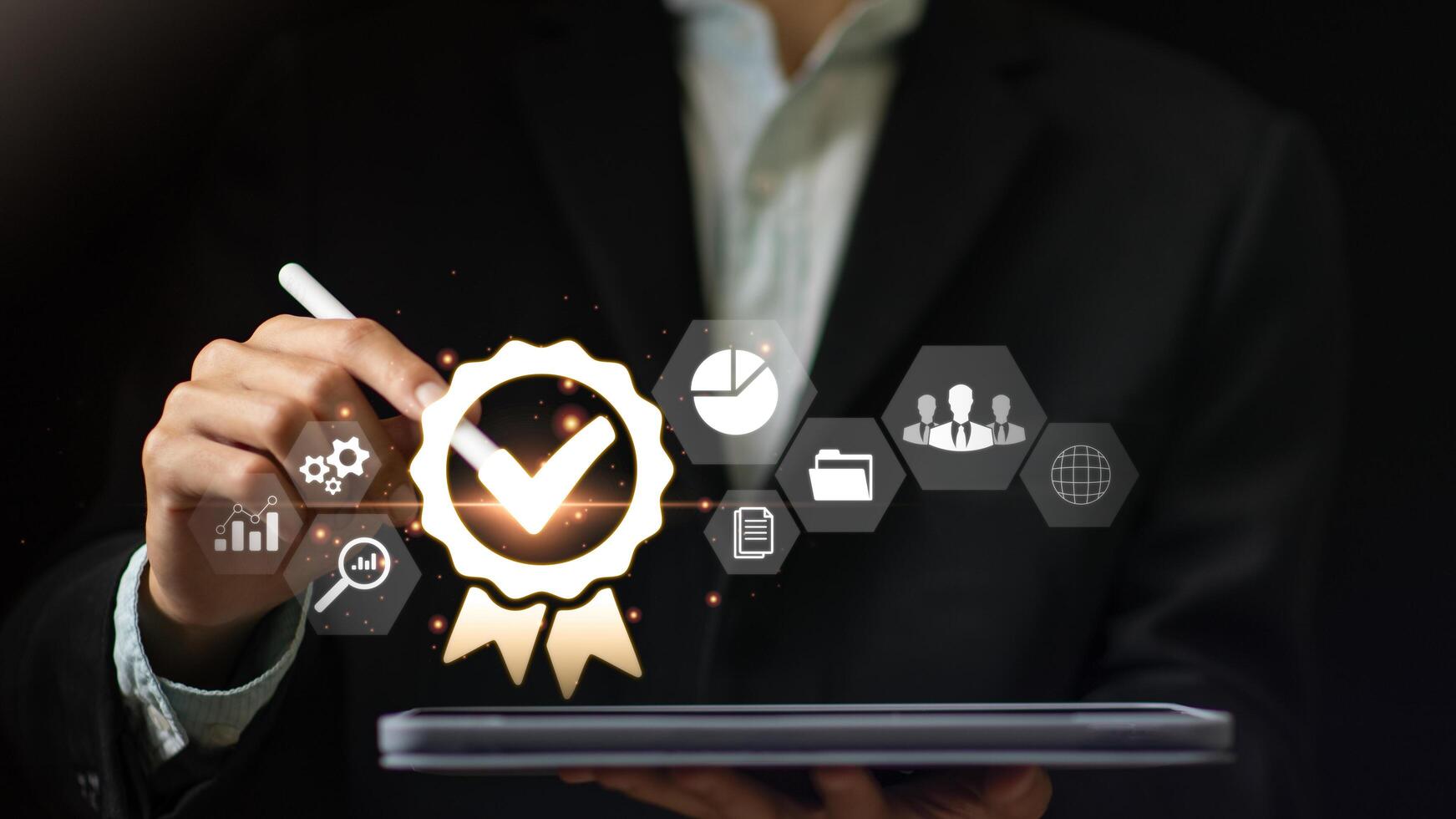 Guarantee, Product Certification Management, best quality assurance concept for product assurance, standard quality, business insurance Industry Certification, business people working on the table photo