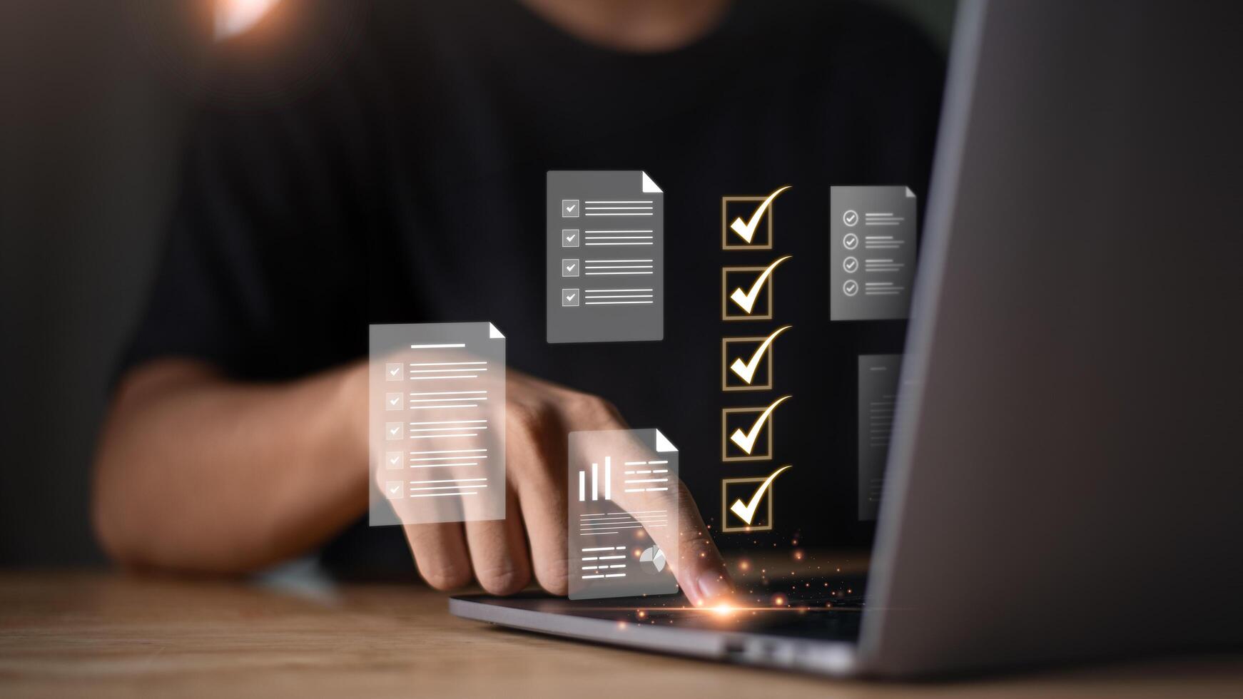 concept of auditing and evaluating quality and efficiency of personnel ,business document evaluation process ,inspection of business finance tax documents ,Data analysis reports growth results. photo