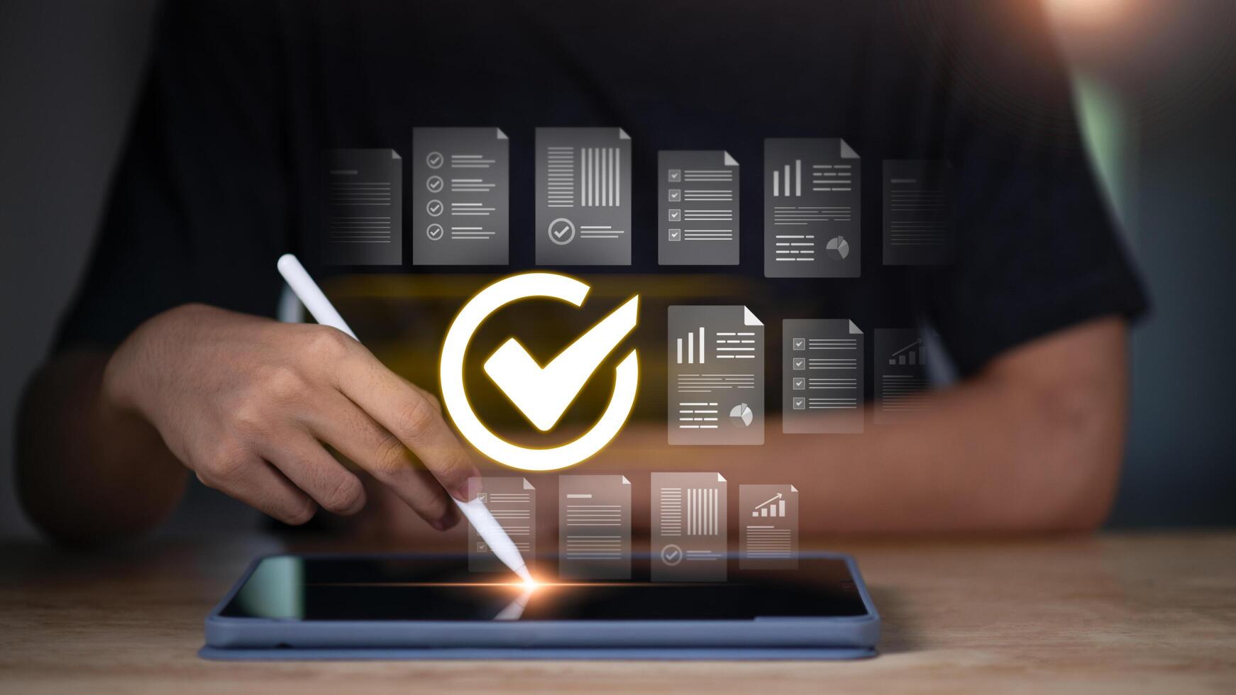 accountant Audit documents, Accountant showing office document auditing concept , plan review process and assess correctness , Management of important document storage of organization photo