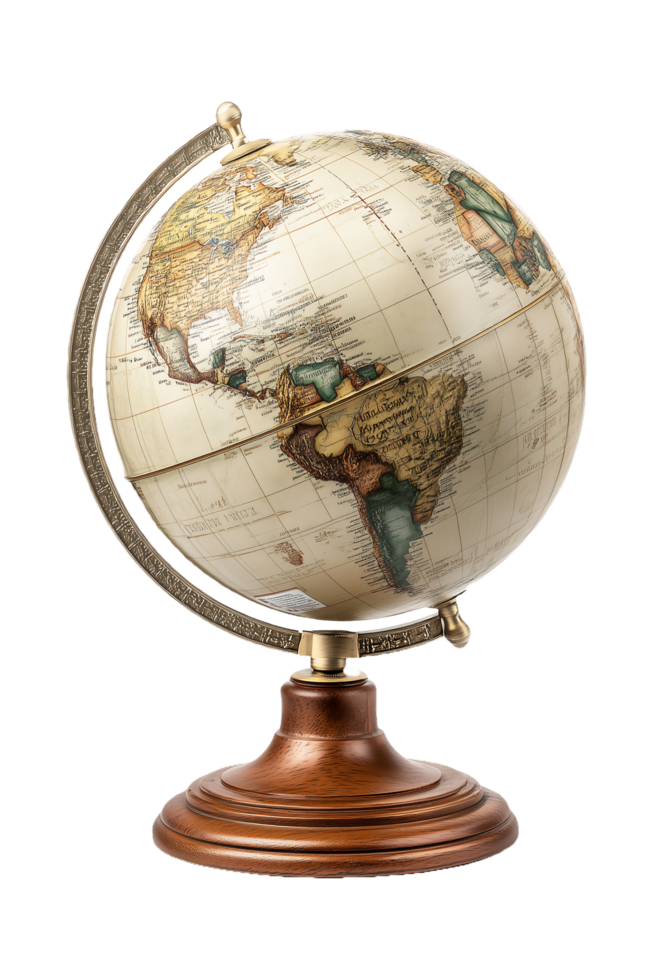 Retro World Globe with Wood Stand Focused on North and South America png
