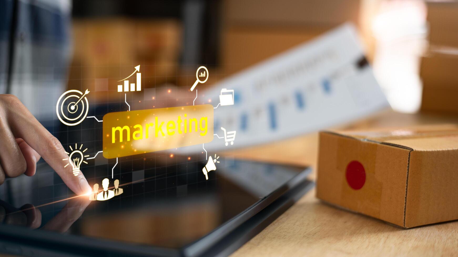 shopping carts and promotional items, Analysis of online merchandising business reports, with charts and market statistics, ecommerce concept and online selling website photo