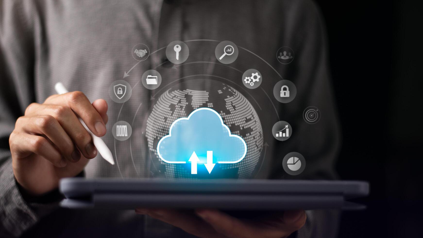 Access to server communication services , database connection with modern hardware and software , cloud computing backup technology concept , interface for uploading and downloading data photo