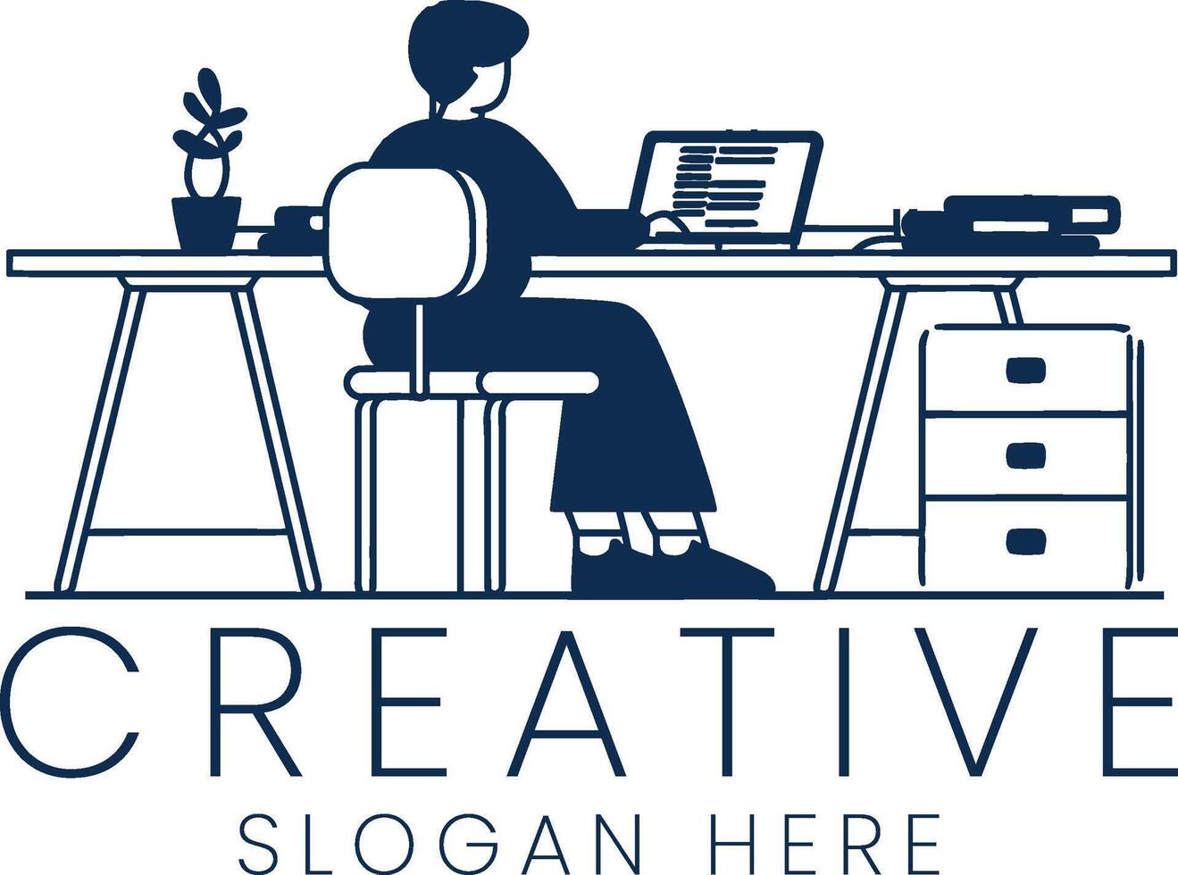 Modern Minimalist Office Workspace Design Illustration art desk flat blue clean style vector