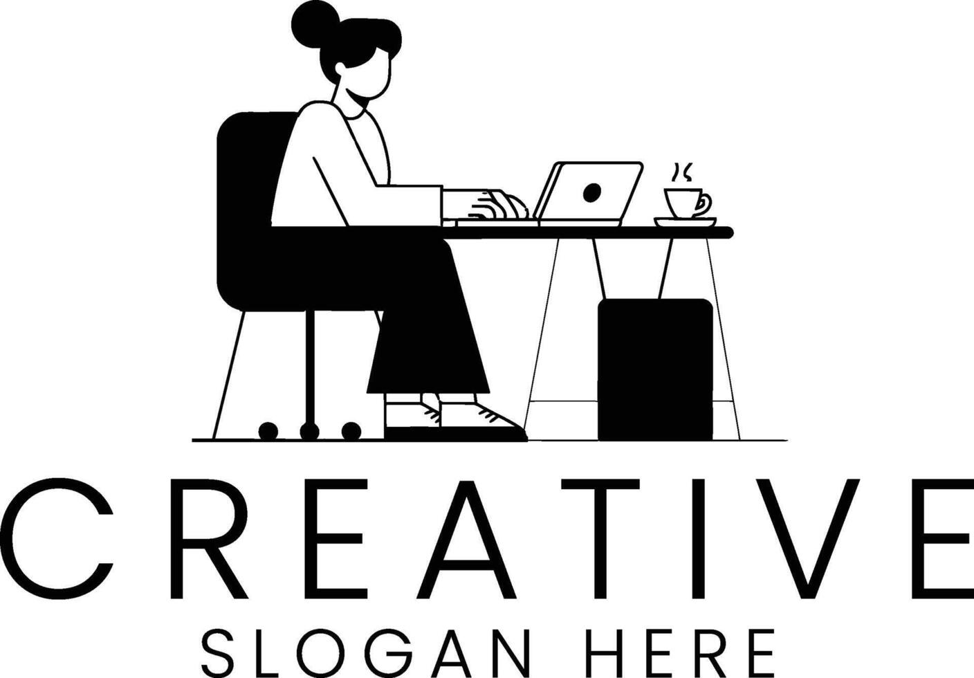 Woman Working on Laptop Creative Office Design Minimalist Style Illustration cup art job vector