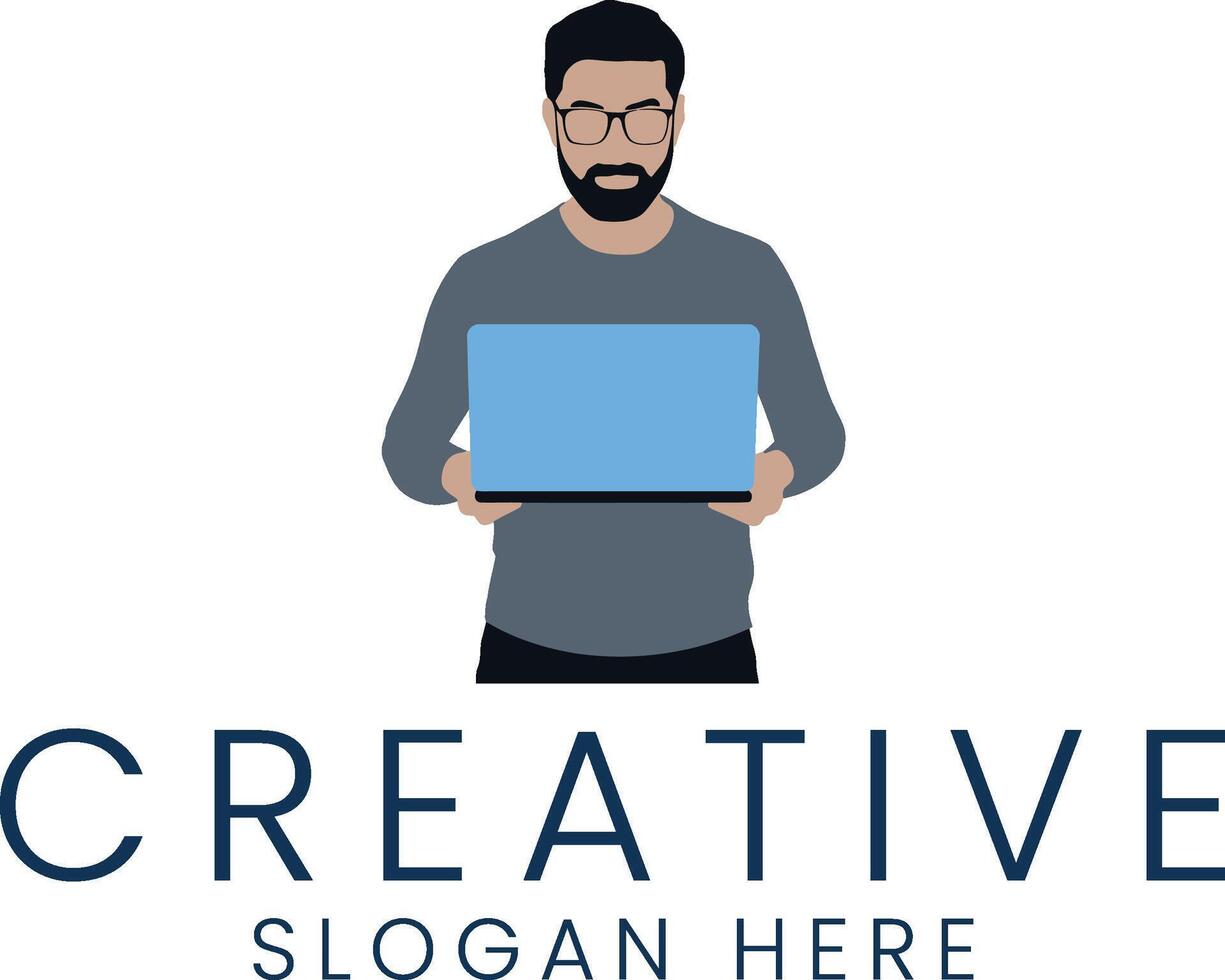 Modern Man Holding Laptop Creative Minimalist Style work icon flat blue grey vector