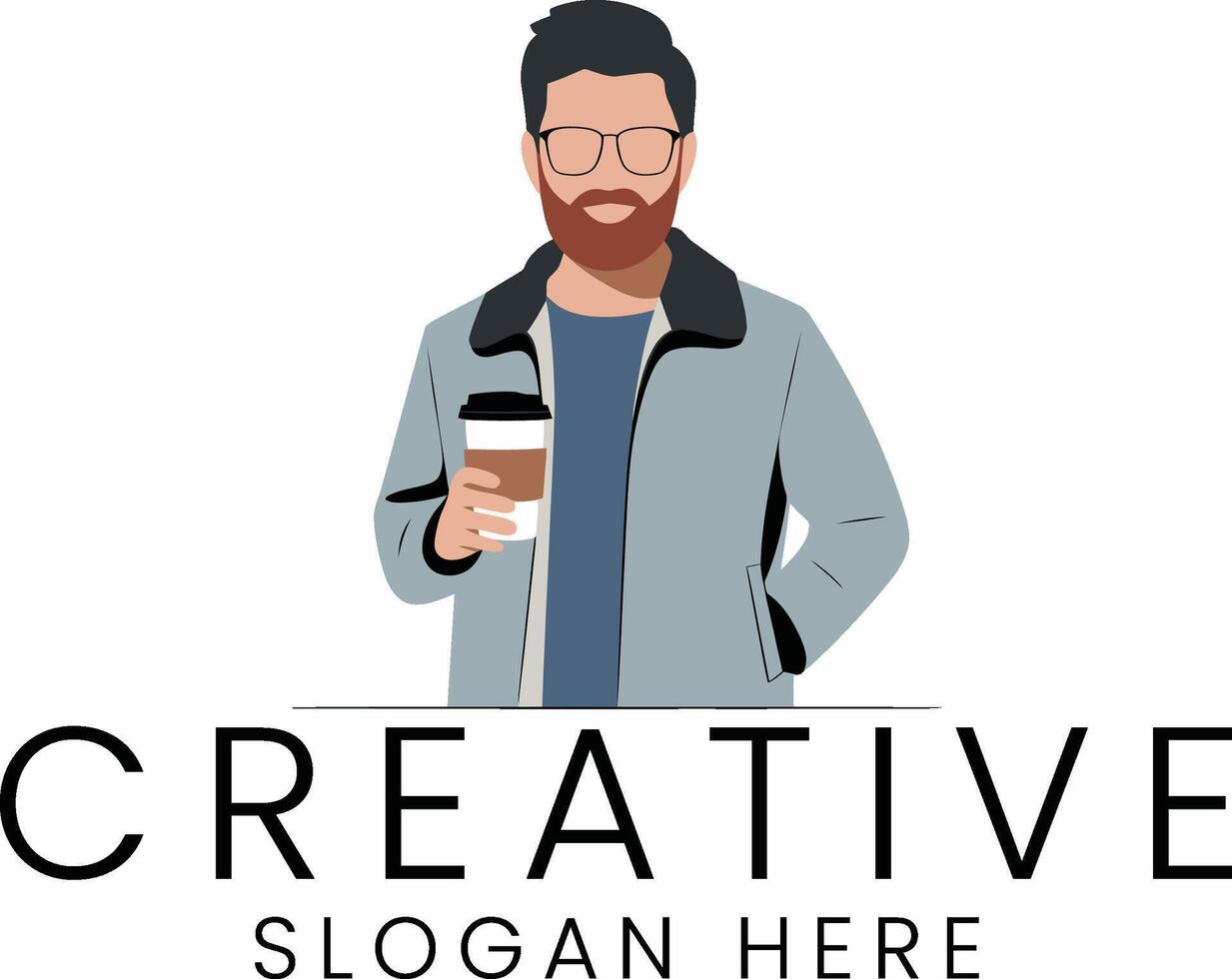 Stylish Bearded Man Coffee Minimalist cup art coat grey icon flat image style vector