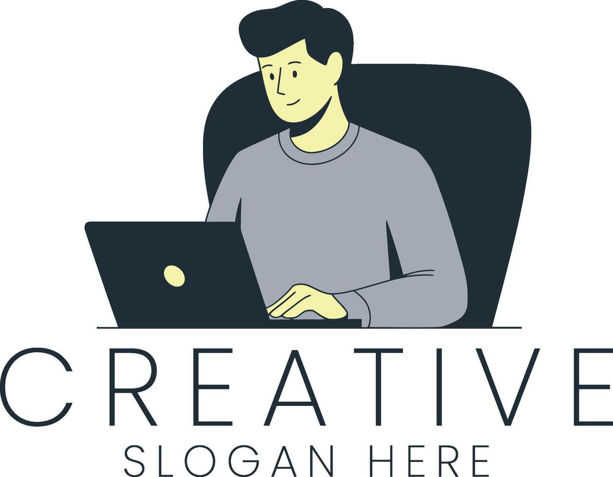 Young Man Working on Laptop Creative Design Project job flat icon desk idea chair vector