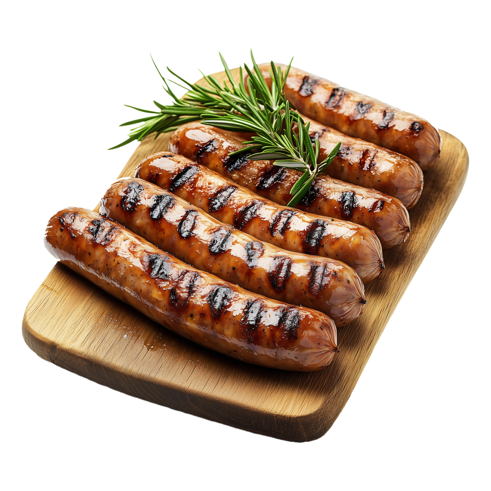 grilled sausages on a wooden cutting board with rosemary png