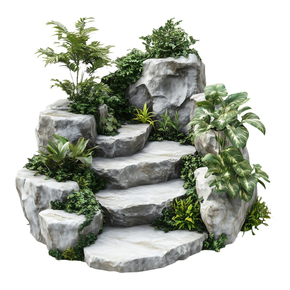 Natural Stone Garden Steps with Lush Green Foliage png