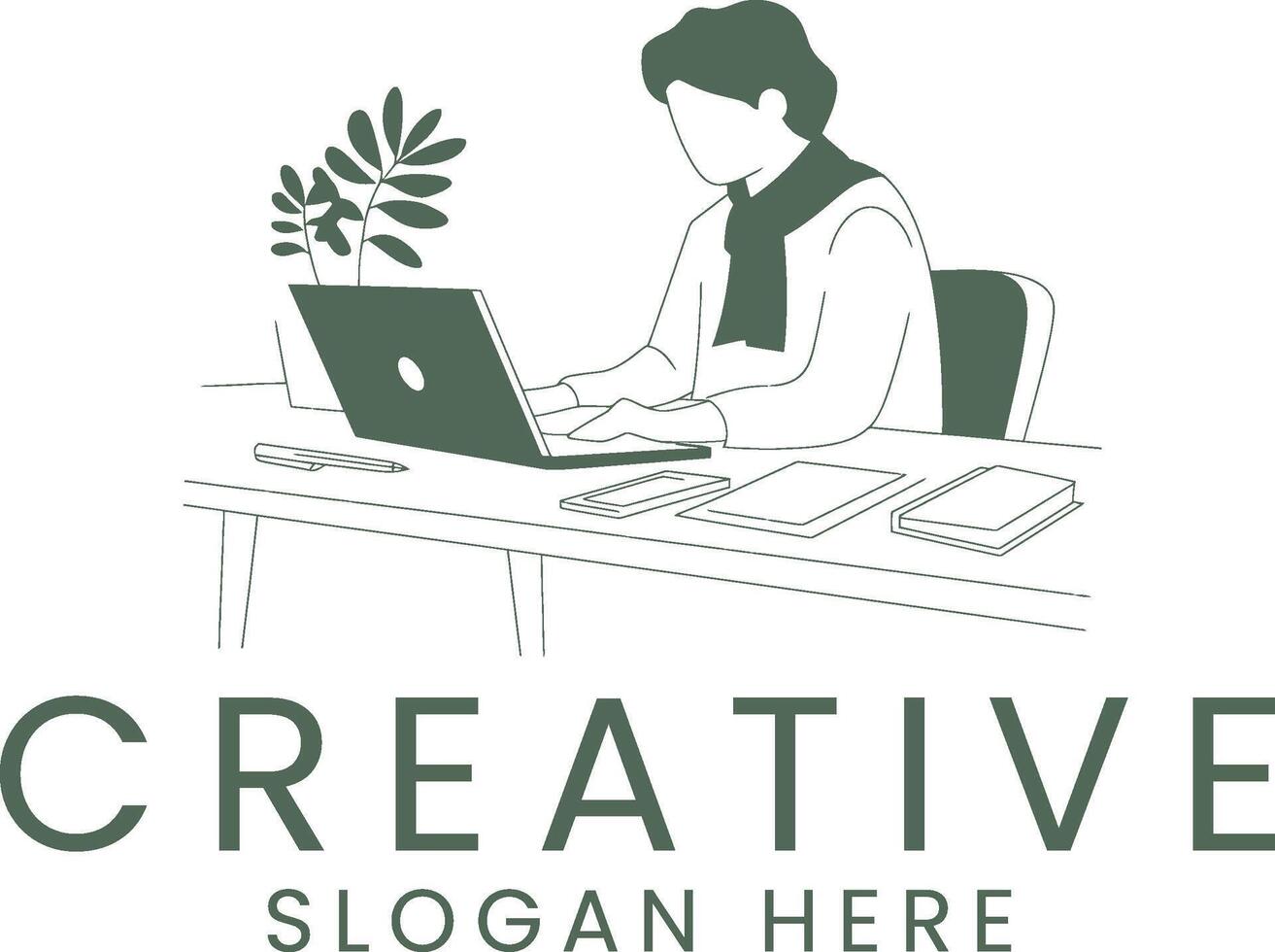 Elegant Minimalist Person Working Laptop Desk Design art line home calm clean style study vector