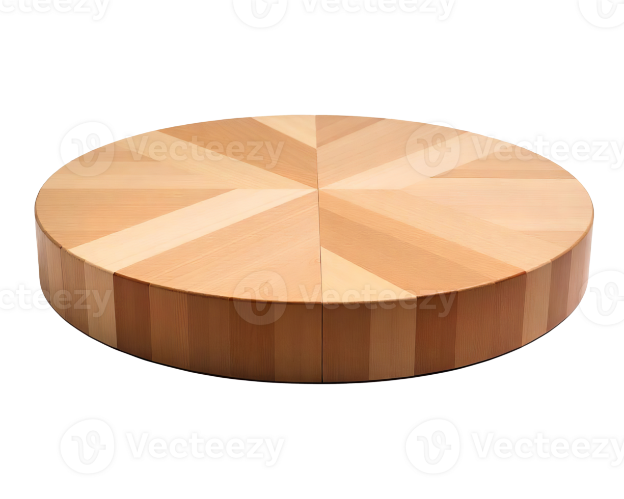 Round wooden table with a geometric pattern on top, light wood tones, minimalist design, isolated on a transparent background png