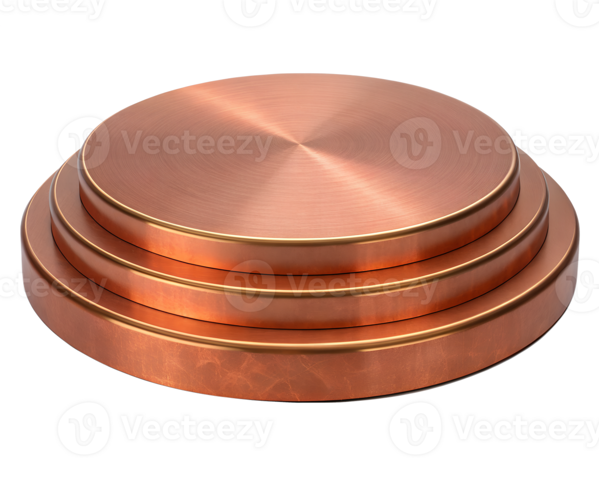 Three copper-colored circular platforms stacked on top of each other, with a smooth, reflective surface, against a transparent background png