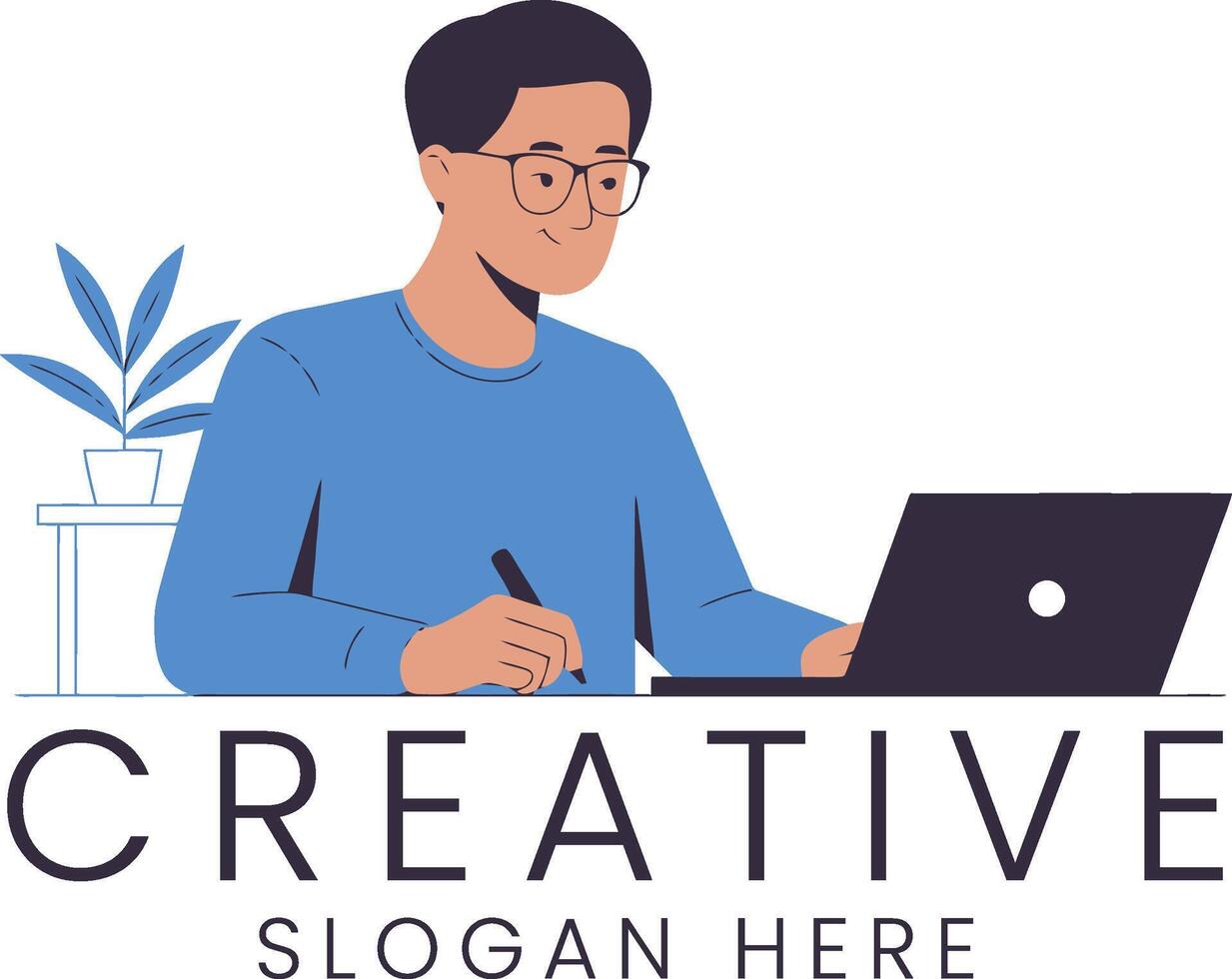 Young Creative Person Working on Laptop Project man art blue flat idea style image vector