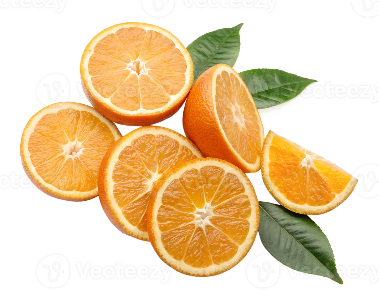 Collection Set of slice Oranges with and leaves isolated on a transparent background png