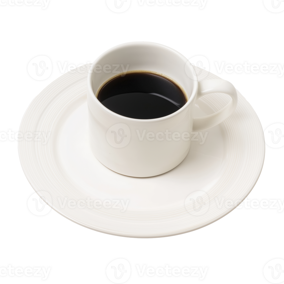 white coffee cup filled with black coffee sits on matching plate, creating simple yet elegant presentation png