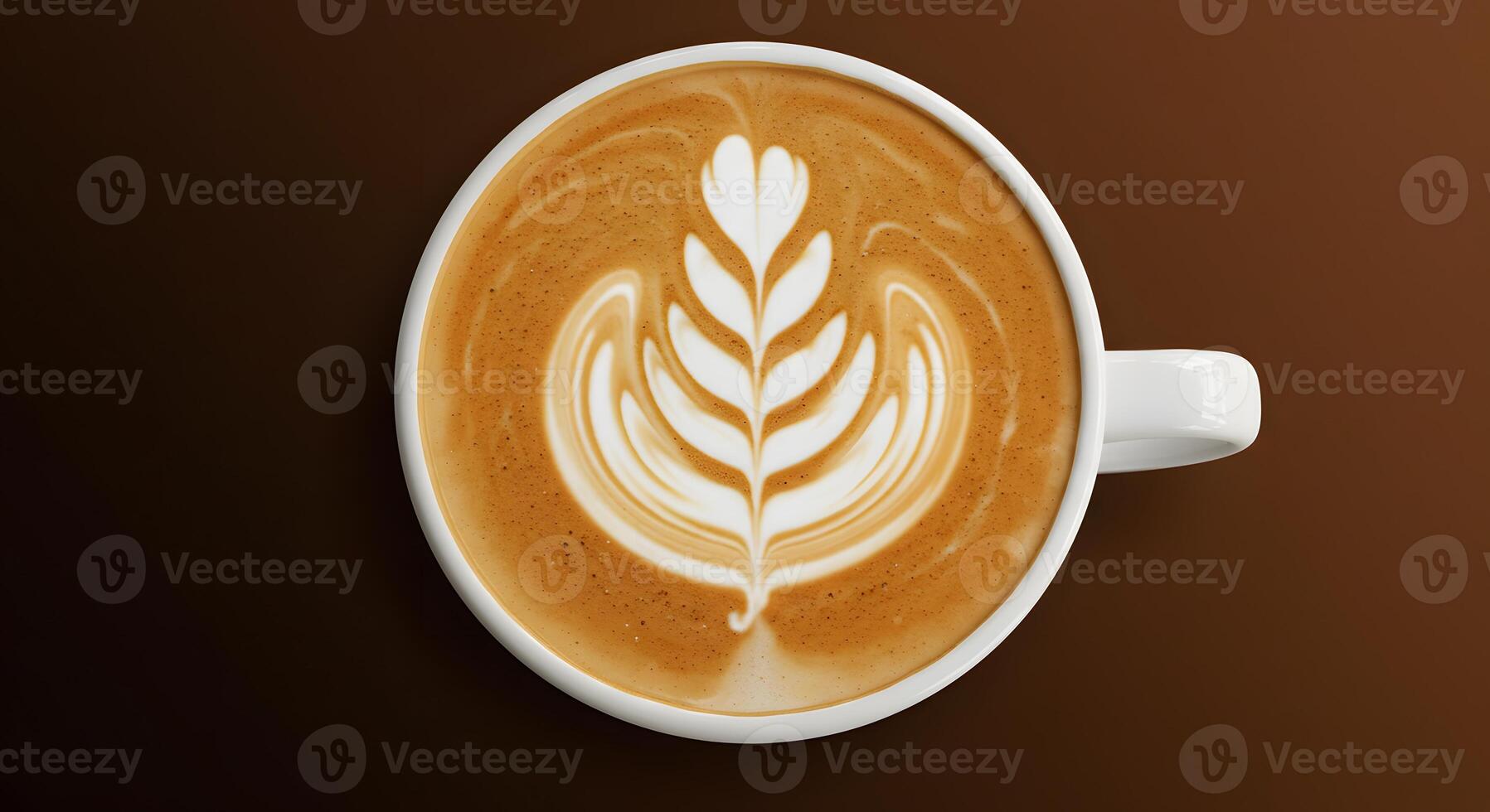 Latte Art Top View Coffee with Fern Design on a brown background photo