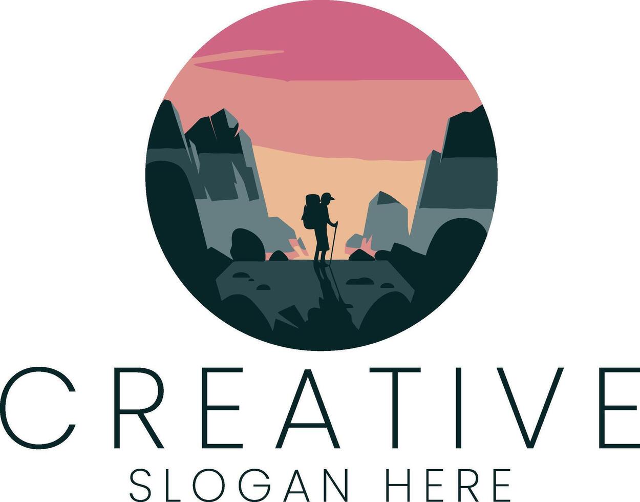 Adventurous Hiker Silhouette Mountain Sunset Design sky calm view path pink dark icon vector