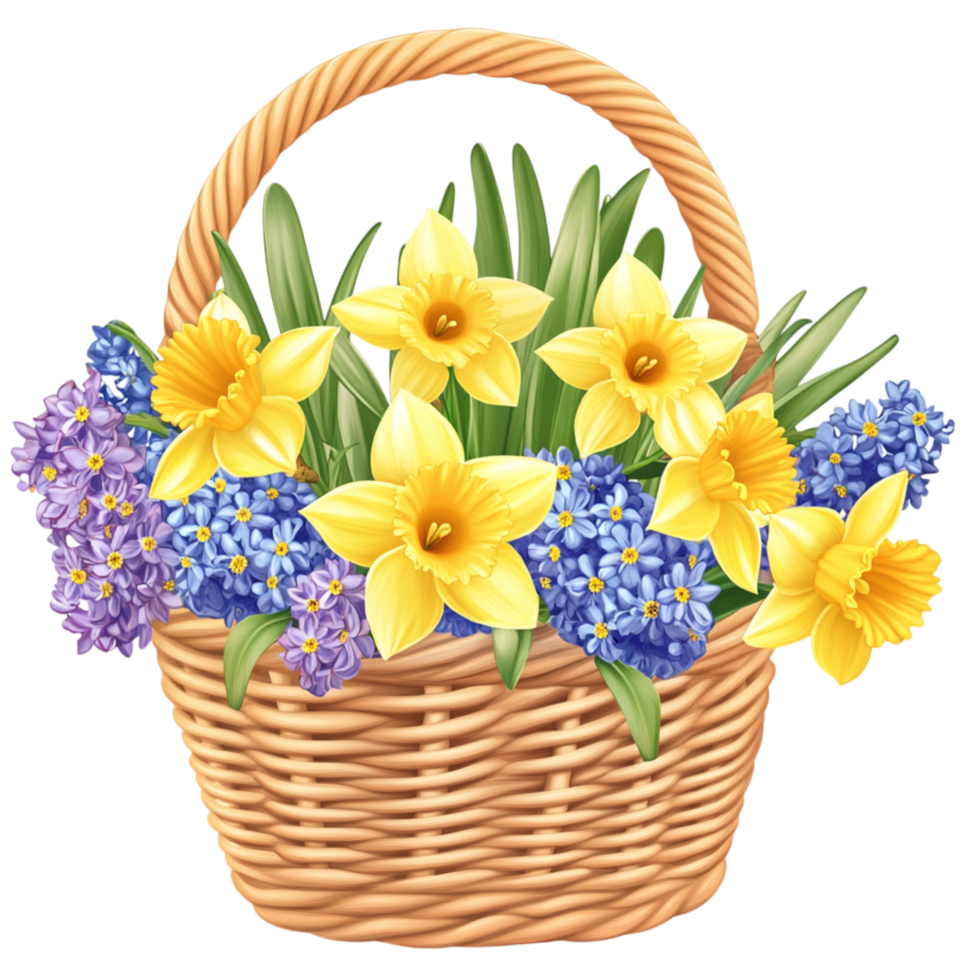 Beautiful Basket of Fresh Daffodils and Hyacinths Spring Floral Display png