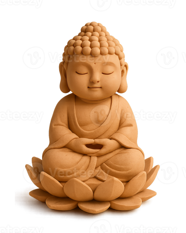 A light brown Buddha statue with closed eyes sitting on a lotus flower with a transparent background png