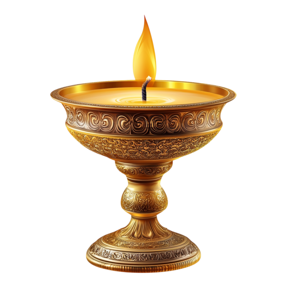 Golden Ornate Oil Lamp with Burning Flame png
