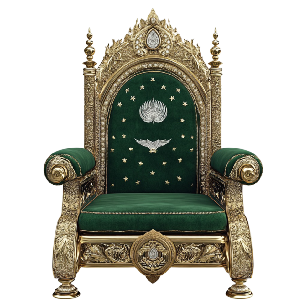 Vintage Green Royal Throne Chair with Gold Detailing and Crescent Star png