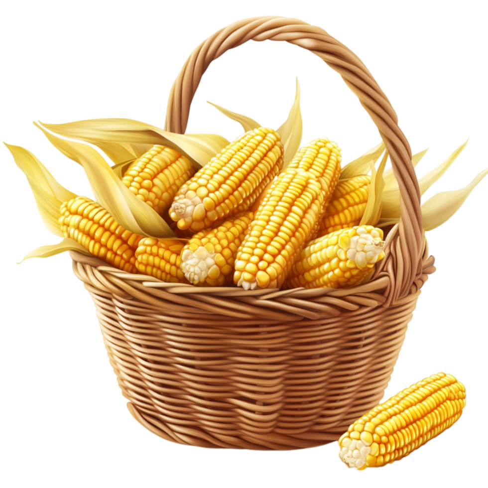 Wicker Basket Overflowing with Fresh Corn Cobs and Husk Organic Farm Produce png