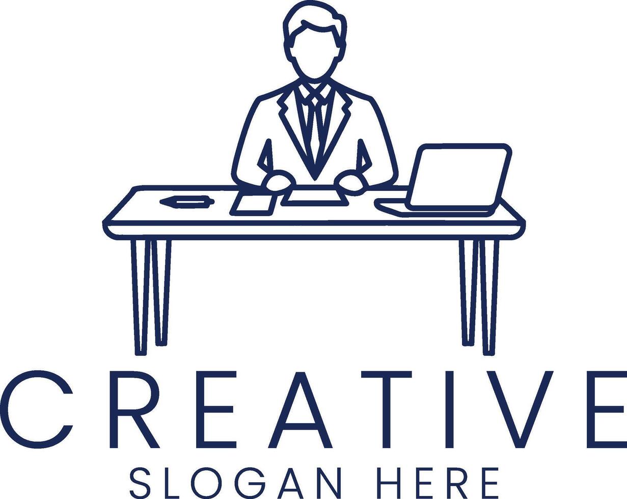 Professional Businessman Working at Desk Laptop job team line icon blue flat table vector