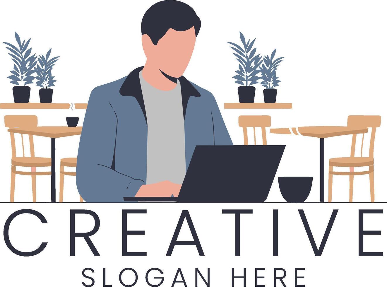 Man Working on Laptop in Modern Cafe Creative Space shop desk flat cozy blue gray table vector