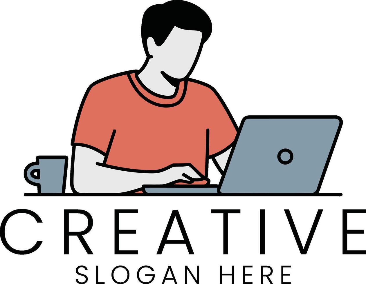 Creative Person Working on Laptop Digital Illustration man mug flat icon idea vector