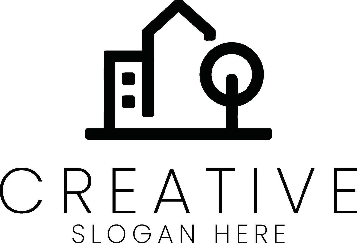 Modern Minimalist Building Tree Design Simple art icon city park line house urban vector