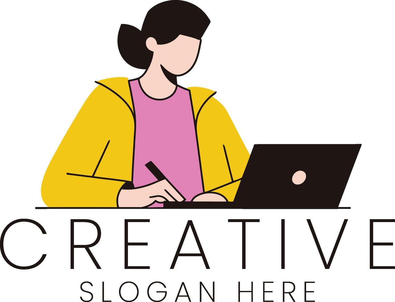 Young Woman Working on Laptop Creative Design Project art pink flat idea goal style focus vector