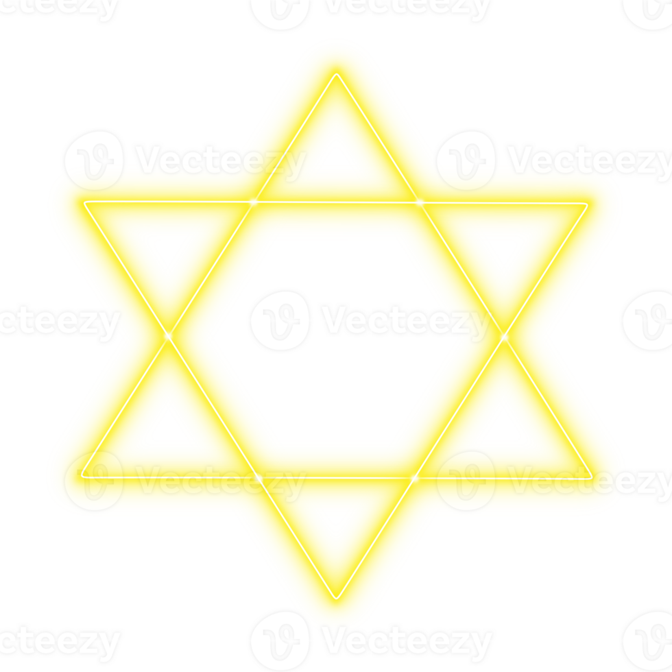 Yellow neon six-pointed star of david symbol with glowing intersecting triangles and hexagon center on transparent background png