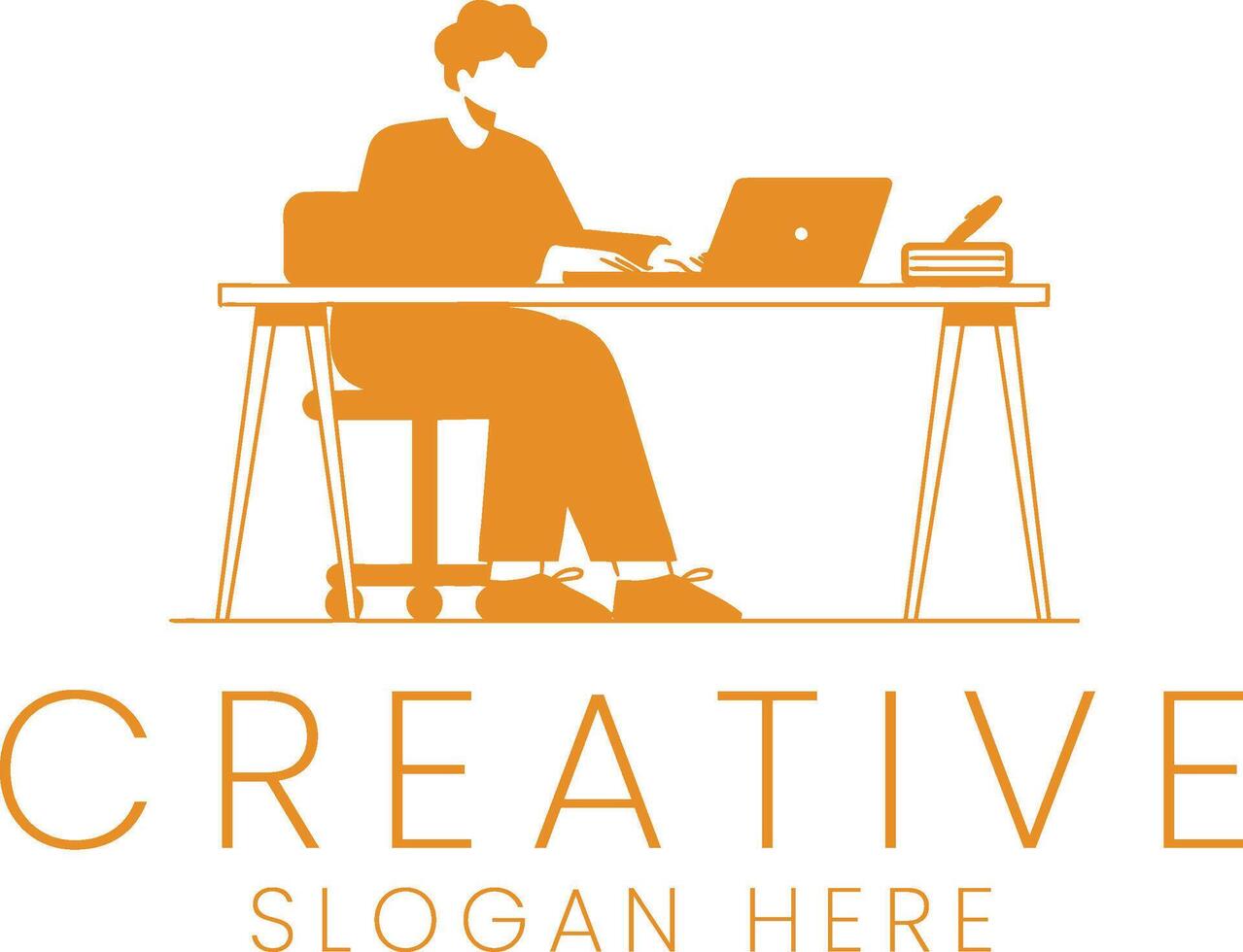 Modern Minimalist Orange Person Working Laptop Desk art job flat icon gold style vector
