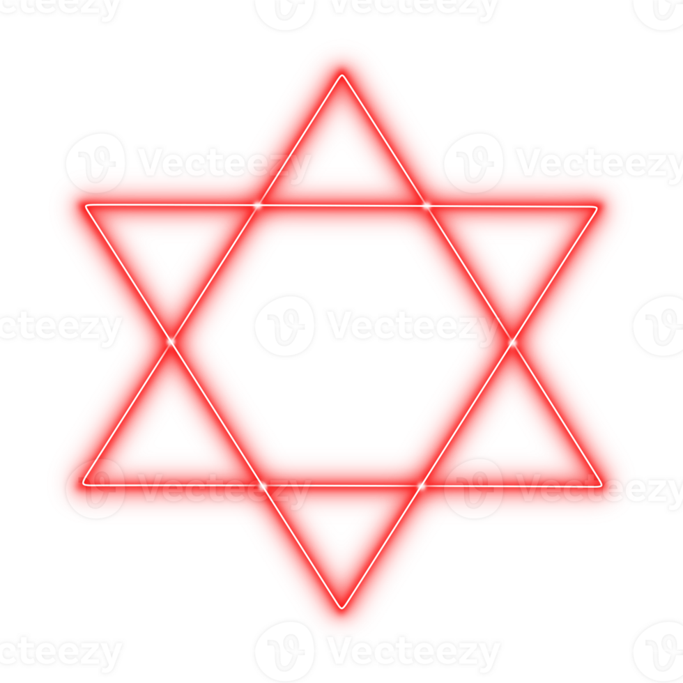 Red neon six-pointed star of david symbol with glowing intersecting triangles and hexagon center on transparent background png