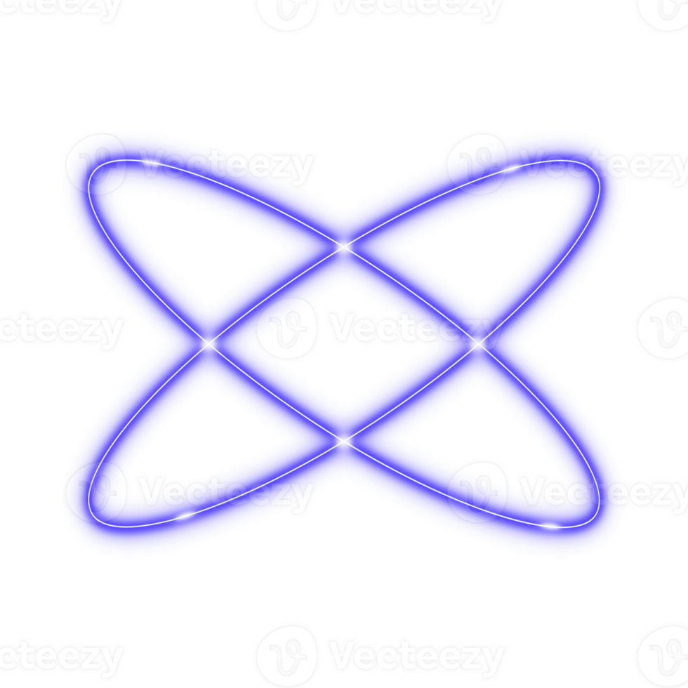 Glowing blue neon circular star shape with intersecting elliptical light trails and spark points on transparent background. png