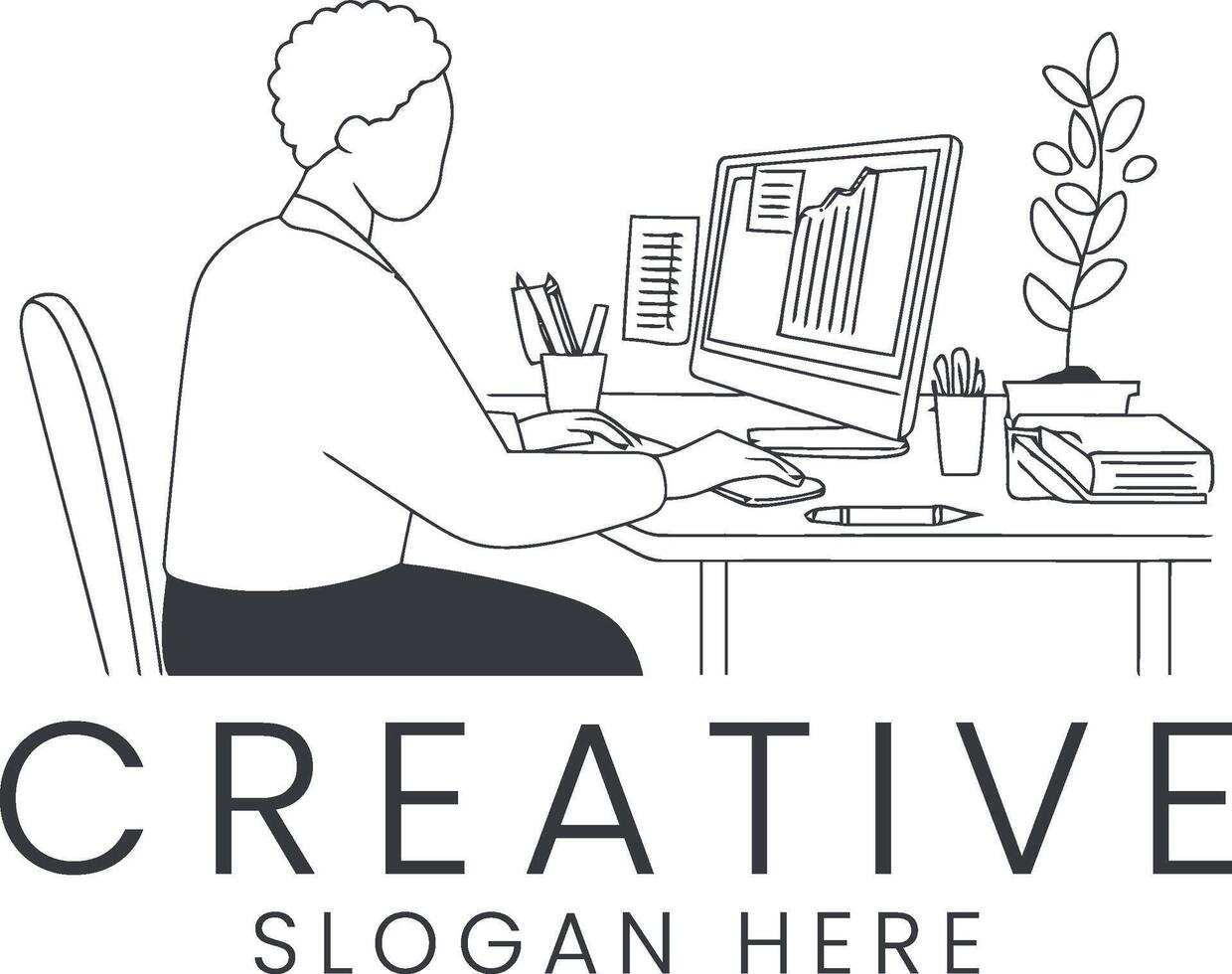 Person Working on Computer Desk Modern Minimalist Line Art job flat icon clean vector