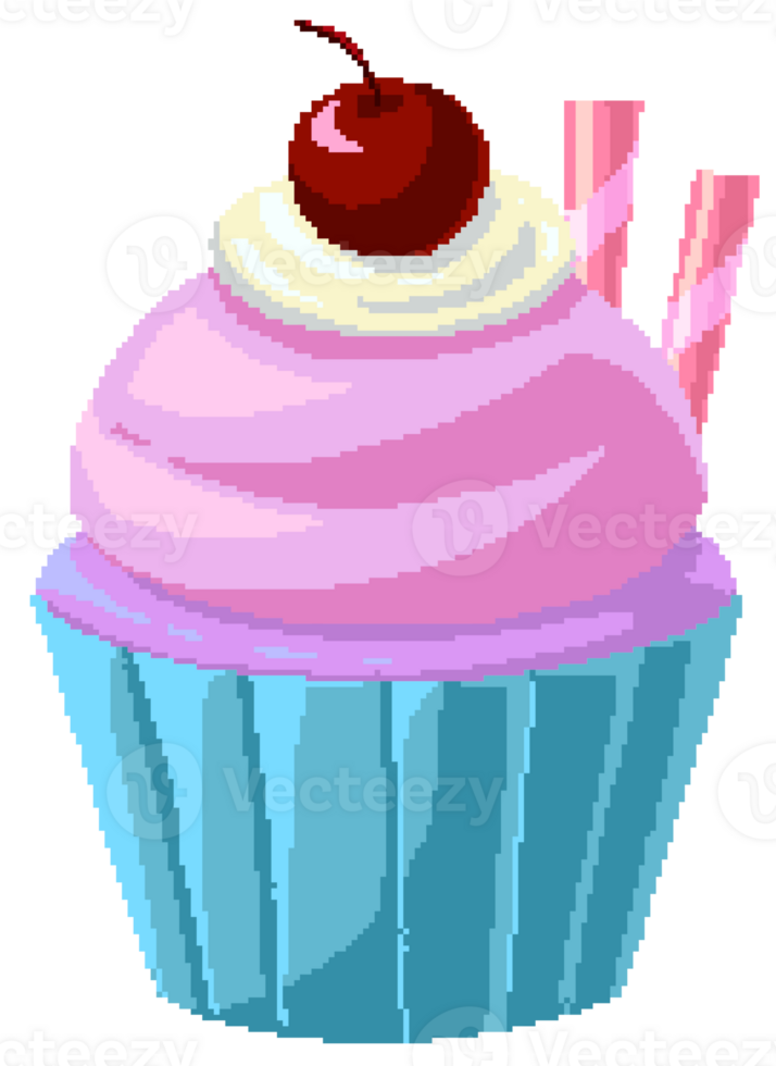 Violet cupcake with cream topped with a cherry in pixel art style png