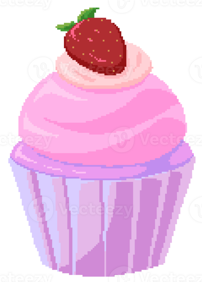 Strawberry cupcake with strawberry cream in pixel art style png