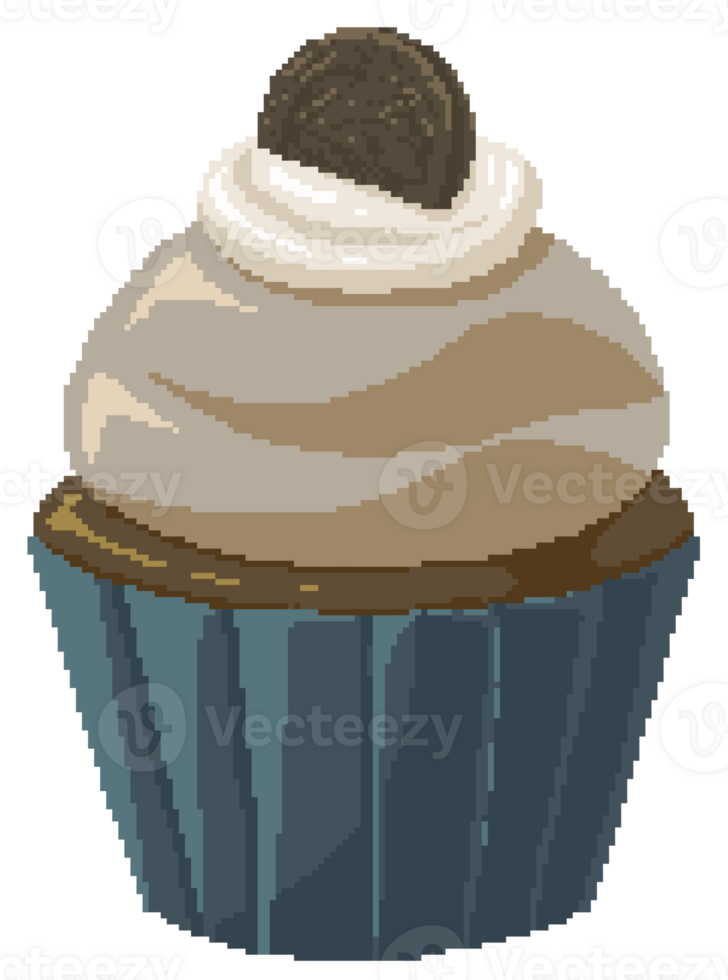 Cookies and cream cupcake topped with a cookie in pixel art style png