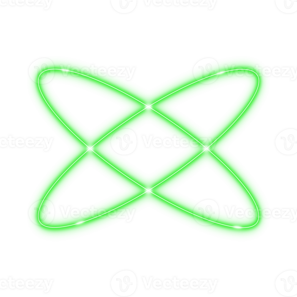 Glowing green neon circular star shape with intersecting elliptical light trails and spark points on transparent background. png