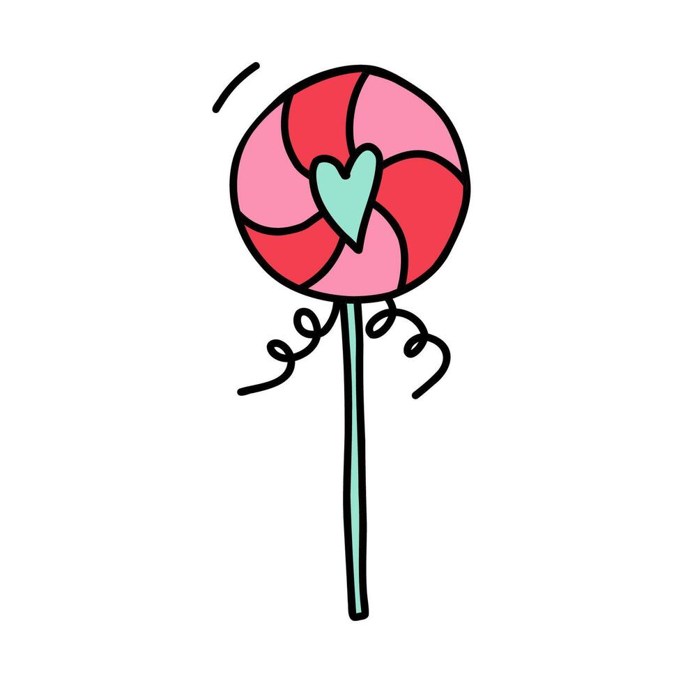 Swirl lollipop with heart inside isolated on white in doodle style. Hand drawn cute lollipop for Valentines Day, weddings, Xmas, Easter, Halloween, birthday Lollipop for sweet celebrations and gifts vector