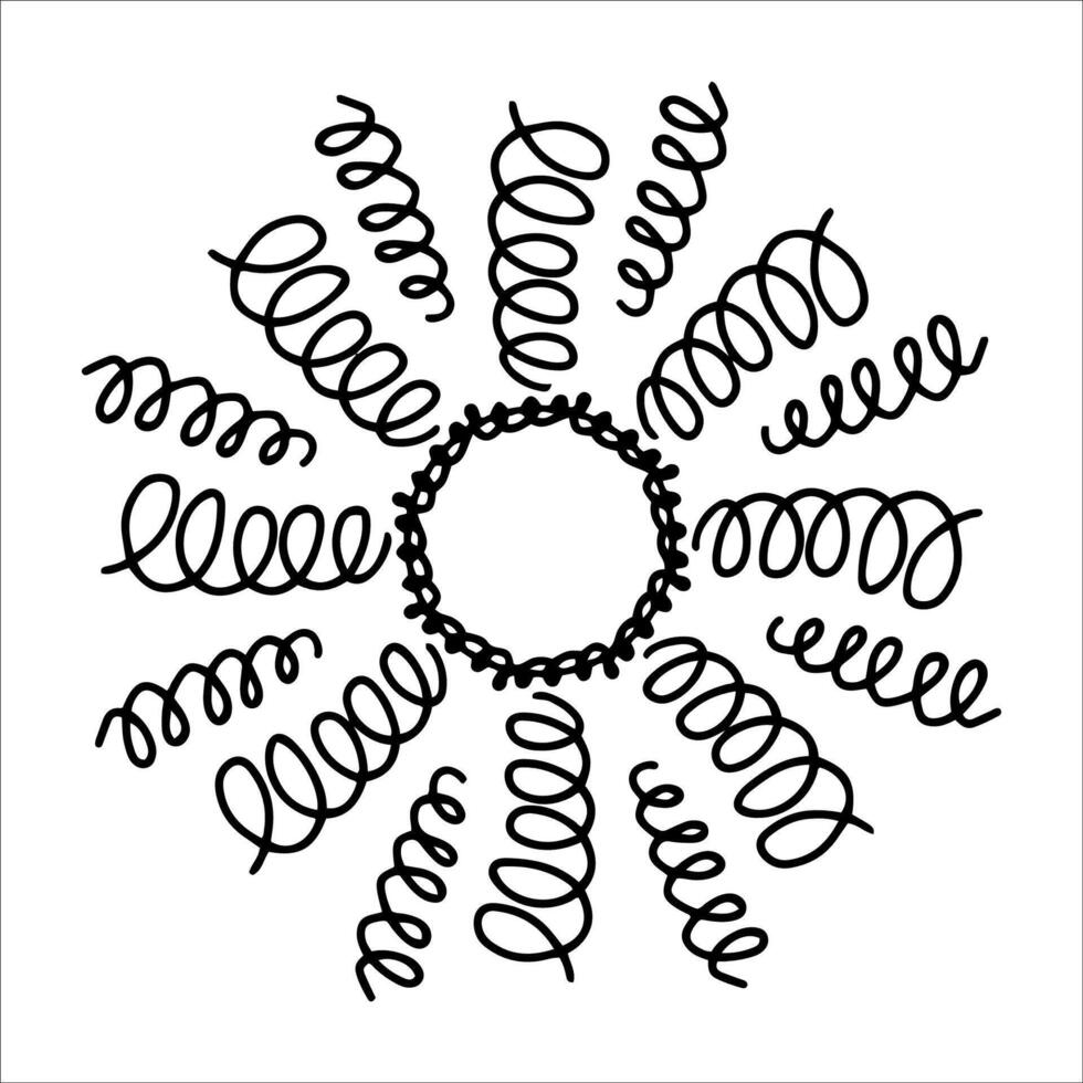 Hand drawn sun with swirling beams in doodle style. Abstract sun with twirling lines isolated on white background. Concept of sun as movement, energy and light in artistic line art. Swirl ink lines vector