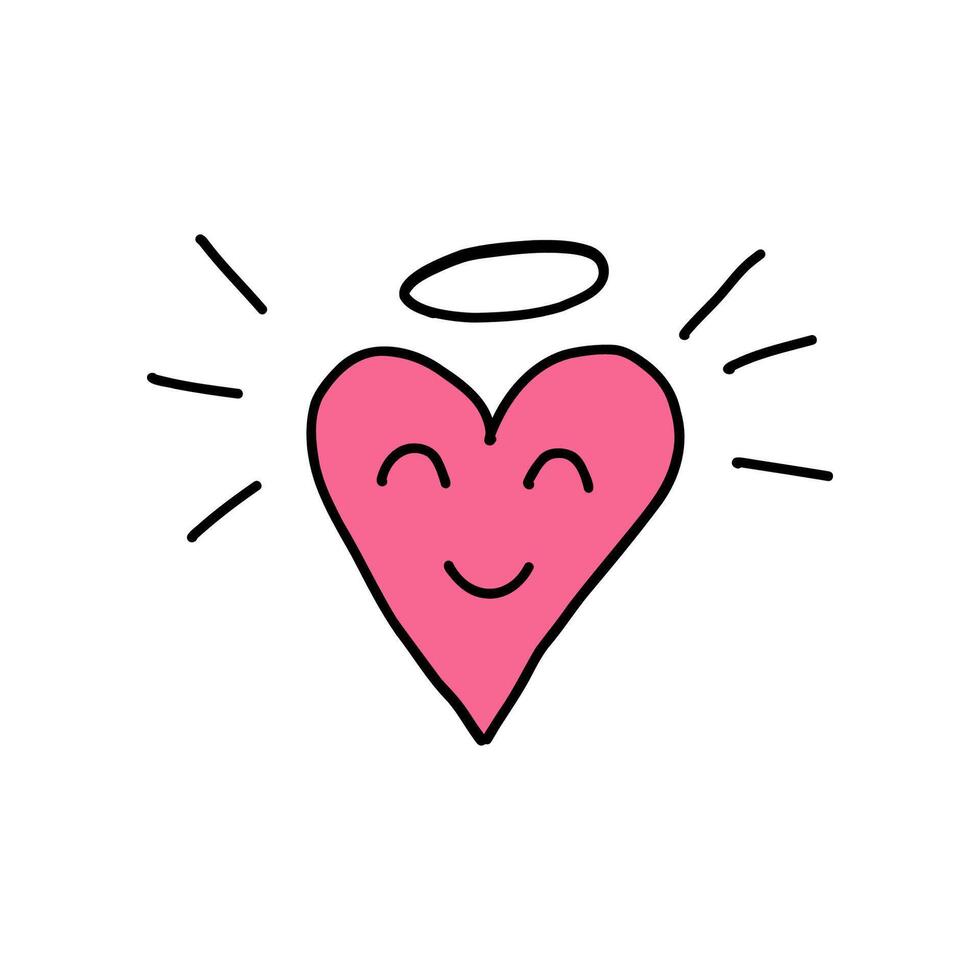 Cute smiling heart with angel halo. Hand drawn pink heart with joyful expression, symbolizing love, affection and happiness. Perfect for valentine, love and dating themes. Concept of heart emotions. vector