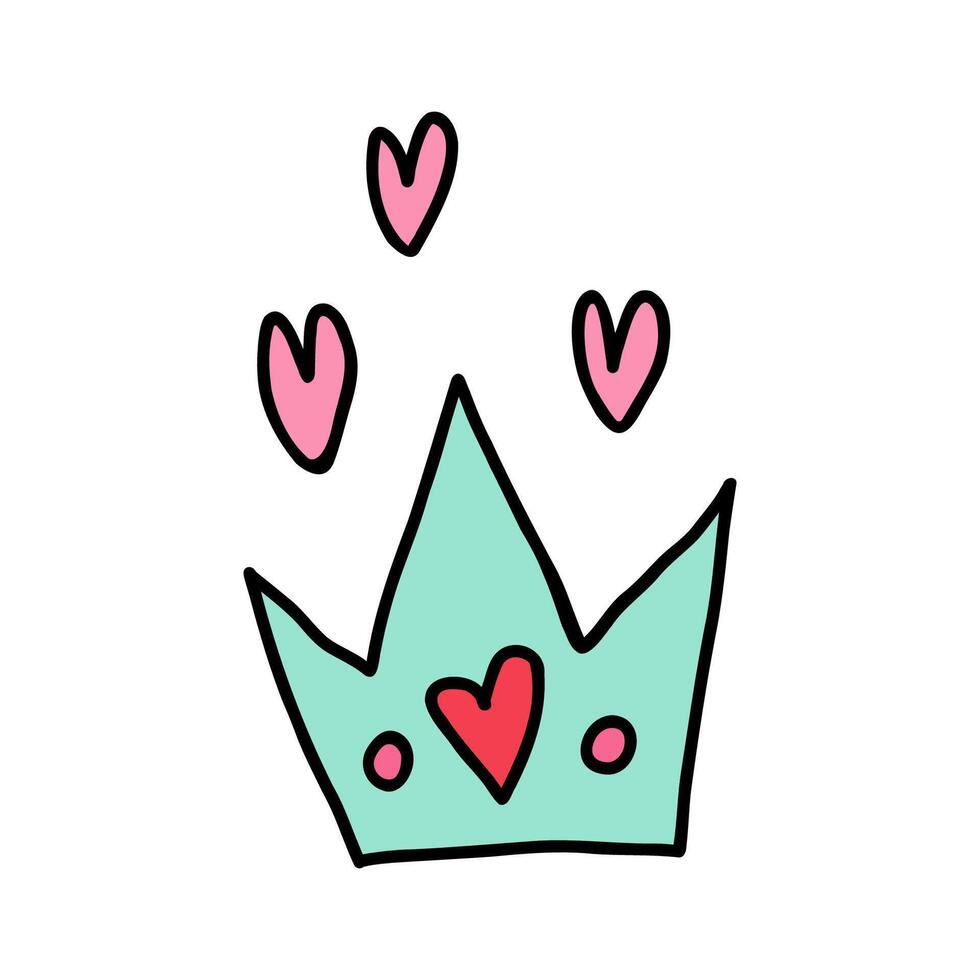 Hand drawn cute crown with pink hearts floating above. Valentines Day concept featuring crown with heart details, symbolizing love and royalty, perfect for love themed design. Doodle crown for queen. vector