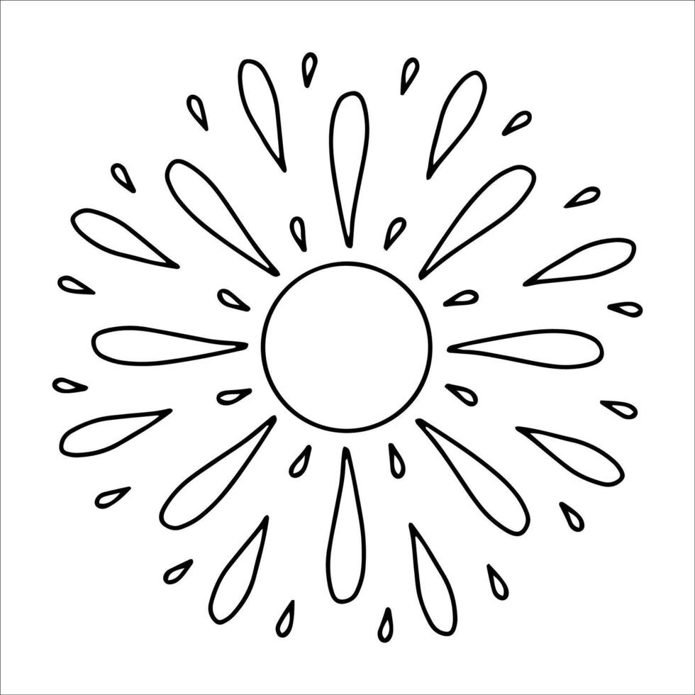 Hand drawn sun with drop shaped beams in doodle style. Abstract sun with rain, arrow elements isolated on white background. Concept of sun as energy, weather, and nature in artistic line art. Splash vector