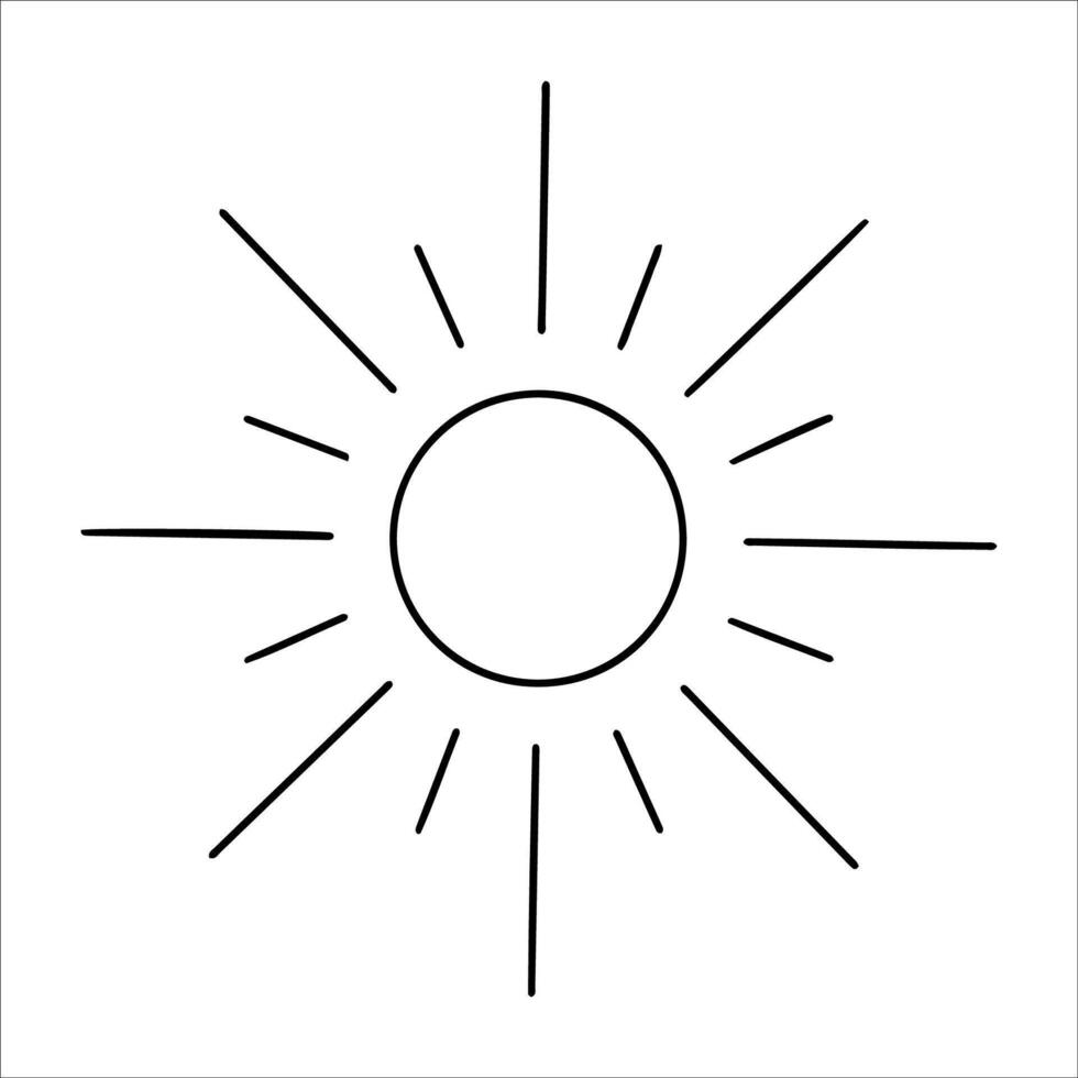 Hand drawn sun in line art style. Simple outline sun with ink strokes isolated on white background. Concept of sun for summer, weather, nature, and artistic design in minimalistic style. Sun vector