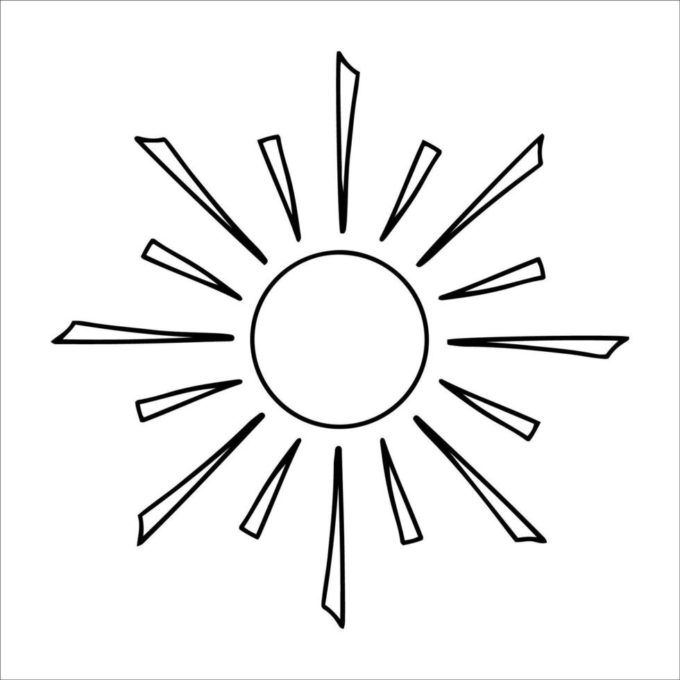Hand drawn sun with playful beams in doodle style. Cute sun with ink outline and uneven spokes isolated on white background. Concept of sun as kids drawing, warm energy, and creative simplicity vector