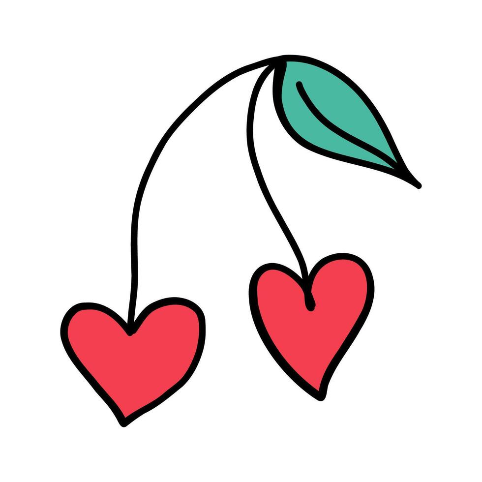 Hand drawn cherries on twig with heart shaped fruits. Doodle cherries Valentines Day design, combining love and nature. Cherries in heart shape make perfect gift for loved ones during Valentine. vector