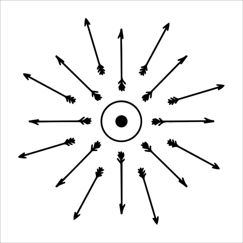 Hand drawn sun with arrows in line art style. Abstract sun with ink outline and radiating arrow strokes isolated on white background. Concept - sun energy, direction, movement in artistic design vector